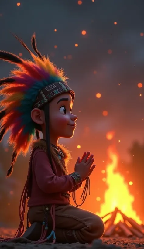 An indigenous boy, s, with a colorful headdress ,  sitting in front of a bonfire ,  with his hands raised to the sky in prayer , talking with god: "gentleman,  help me to be kind and spread his light to everyone." Pixar style.