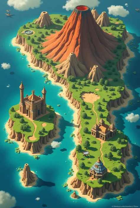  An image where you can see the different areas of the Breath of the Wild map and the different races,  the gorons of the volcano , The Zora of the water ,  the gerudo of the desert ,  and the Orni the semi-birdmen .  Let all this have a visual style of th...