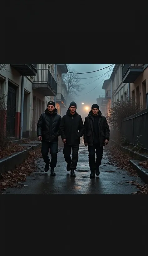  three Russian rappers are walking down the street ,  in the background, men are standing in a crowd and crowding, conflict between men , push, they smoke cigarettes , Russian town ,  residential area , Noir style,  high quality,  real anatomy,  High detai...