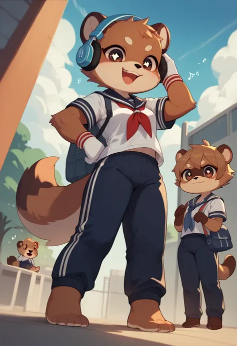 girl, tanuki, furry, bodyfur, tail, school uniform, sailor suit, jersey pants, long pants, white gloves, barefoot, chibi, sparkling eyes, happy, full body, headphones, looking below