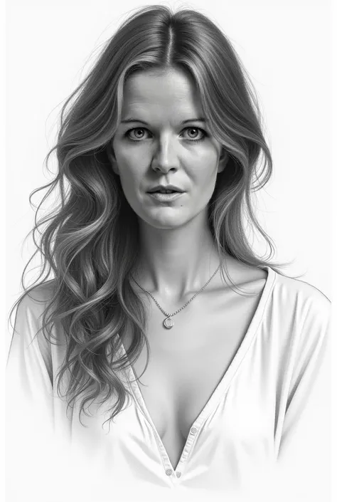  Make a pencil drawing with the woman in the photo.  The look is thoughtful , slightly melancholy . sketch, black-and-white,  best quality 8k 