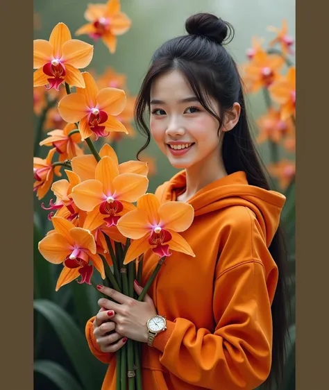 
Photorealistic cinematic acrylic painting,a beautiful Thai woman with white skin and a clean face, black hair in a Korean style bun with ribboned bangs,wearing an orange hoodie with a watch posing smiling next to a very large orange orchid , while holding...