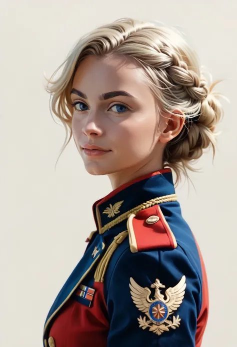 1girl, blonde hair, solo, st. glorianas military uniform, white background, upper body, braid, blue eyes, looking at viewer, cropped torso, military uniform, short hair, simple background, military, jacket, uniform, red jacket, closed mouth, twin braids, b...