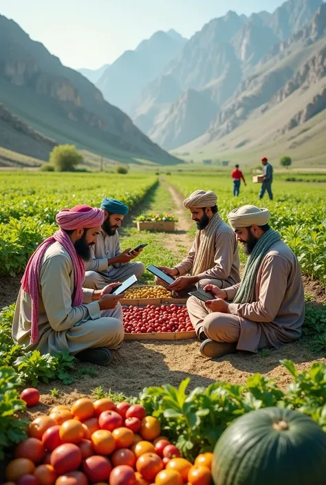 A lively depiction of Pashtoon and Baloch farmers seated in their individual fields, surrounded by their fresh produce like fruits, vegetables, and grains. Each farmer is dressed in traditional attire, with Pashtoon farmers wearing turbans and Baloch farme...