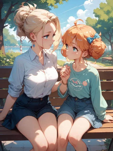 Spectacular anime style. In a park two women are sitting on a bench holding hands and looking into each others eyes. Their story is a mystery. The image lets the viewers imagination run wild. 