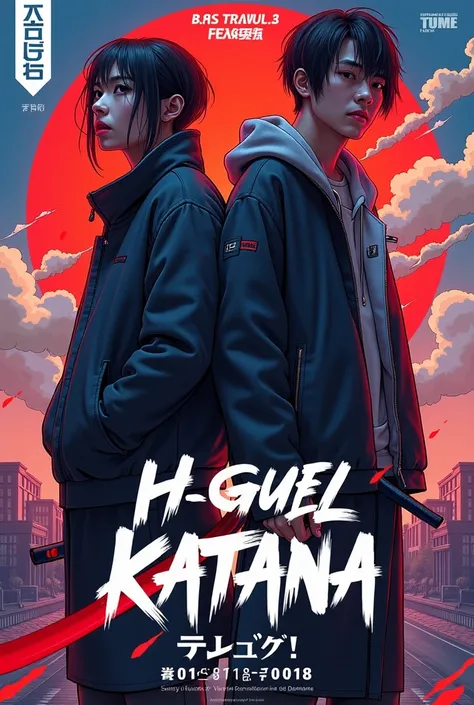 genere moi une image dune affiche de musique auquel lauteur de la musique est "Extraboy" en featuring avec "H-guel" le titre de la chanson cest "katana", "Katana cest une jeune femme belle et odacieuse"