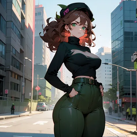 1female ,Pink Cap, Messy Curly Hair , Brown Hair , Bright Green Eyes , Serious Expression, Black Turtleneck,Green Belt, Fitted Black Pants, standing on sidewalk , Modern City Background perfect generation , Curvy , wide hips