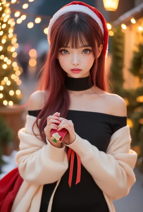   the night of Christmas Eve 、extremely realistic,  hyper realism ,  super real , (masterpiece,  Sophisticated eyes with attention to detail   : 1.2), (cute), age 15の少女、 Shes a girl with smooth, shiny black-pink hair.,age 15 、  Christmas Decorations at Nig...