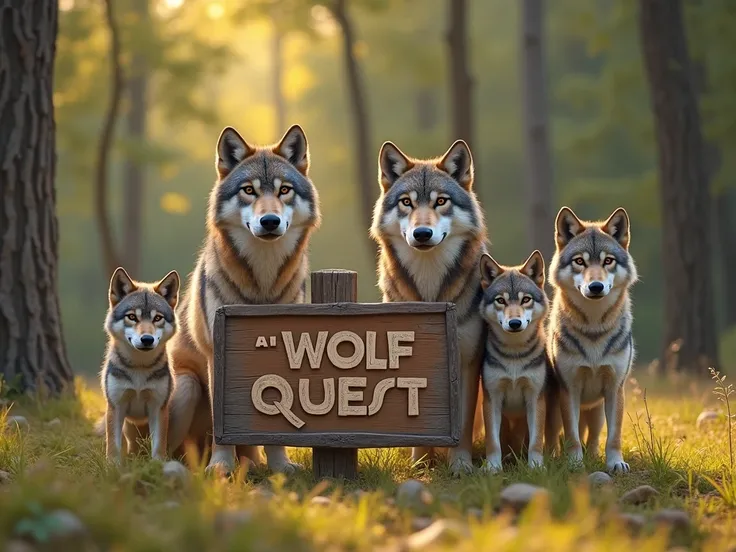 A family of wolves stands in a row by a wooden sign in a serene forest clearing. The parents, strong and majestic, stand at the front, with their fur gleaming in the soft sunlight, while the playful pups line up behind them, their eyes full of curiosity an...