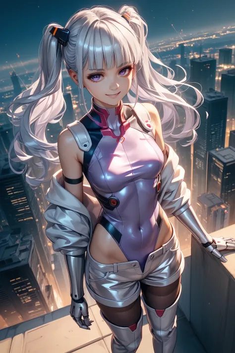          best quality、               Masterpiece       、   Ultra High Definition 、（ Photographically ：1.4）、 Ultra High Definitionシネマ、      angle seen from above    、   cyberpunk big jump 、Night City 、          girl、        Twin Tails with Silver Hair     、...