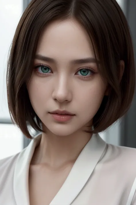 High quality, A masterpiece, High definition, Beauty, girl of slightly Asian appearance, Model, subtle makeup, sly cat eyes, short hair: 1.2, long bob haircut, with slightly wavy brown hair, big green eyes, golden section, 25 years old, small breasts: 1.2,...