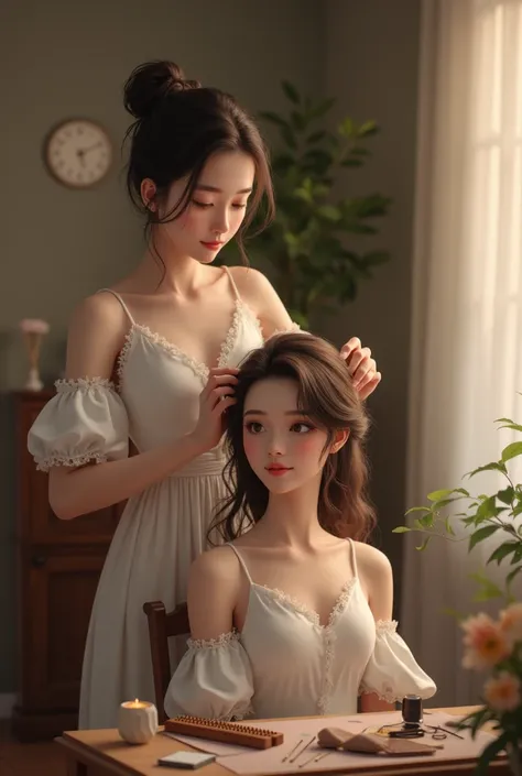 A young lady doing hairstyles for another