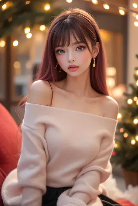   the night of Christmas Eve 、extremely realistic,  hyper realism ,  super real , (masterpiece,  Sophisticated eyes with attention to detail   : 1.2), Portrait images from head to chest、(cute), age 15の少女、 Shes a girl with smooth, shiny black-pink hair.,age...