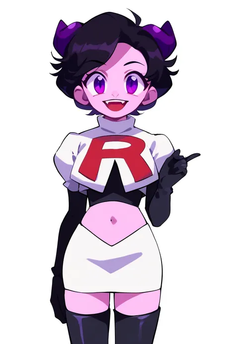 jellybean_yt, solo, looking at viewer, smile, short hair, open mouth, black hair, 1girl, white background, purple eyes, female focus, horns, teeth, colored skin, fangs, team rocket,team rocket uniform,white skirt,red letter R,crop top,black thigh-highs,bla...