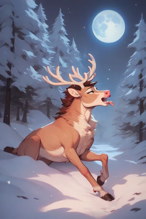 a sexy woman being transformed into a human-reindeer hybrid by the full moon, howling at the moon, nighttime, snowy forest, 1girl, solo