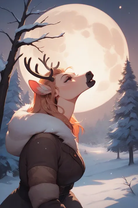 a sexy woman being transformed into a human-reindeer hybrid by the full moon, howling at the moon, nighttime, snowy forest, 1girl, solo