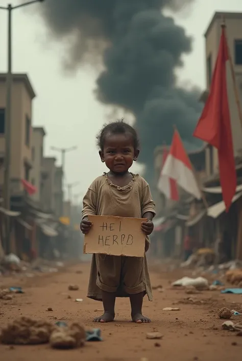 Photosahot of a little baby wearing a torn shirt"  very dull and dirty is posing standing alone while crying and while carrying a famine sign in her own country.    Susana in the middle of the city with a blaze of black smoke and lots of torn red and white...