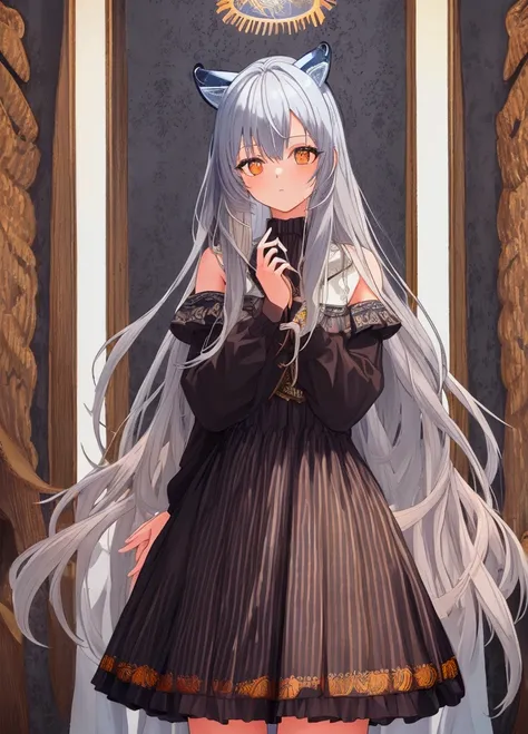 ( masterpiece fails,  better quality ),  1girl, {cocoons_bluearchive:1.15},  long hair, (  beautiful detailed eyes :1.15), (  cowboy shot  :1.5),  orange eyes ,  grey hair, bang,  colorful hair, striped hair , animal ears, halo, Striped dress, vertical-Str...