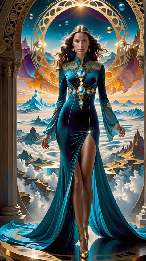 1woman, solo, faraway distance  silhouette, large chest, hourglass figure , wide hips, mist, flowing elemental energy ambiance,  the essence of fractal-inspired designs, emphasizing infinite geometries, intricate patterns, and surreal dimensions, fractal a...