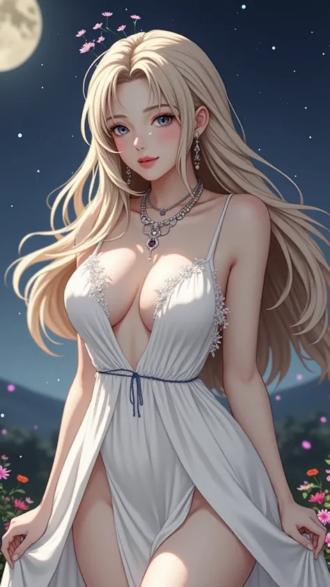 (masterpiece、Highest quality、8k、High resolution)、(One female、Beautiful Face、Beautiful eyes、Beautiful lips、Beautiful nose)、smile、The white upper teeth are faintly visible、Silver blonde medium hair、(The best girl in anime)、garden、blue sky、Colorful flowers ar...