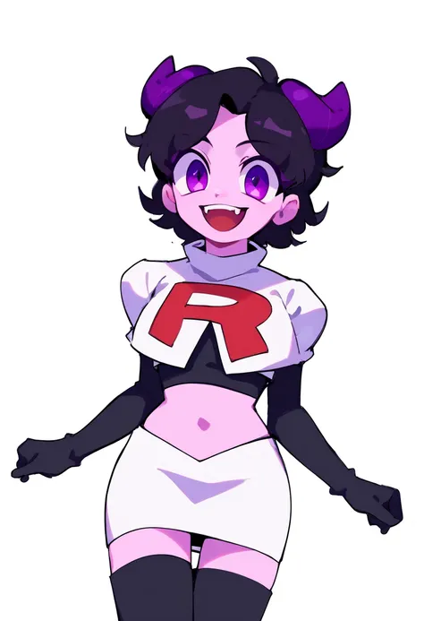 jellybean_yt, solo, looking at viewer, smile, short hair, open mouth, black hair, 1girl, white background, purple eyes, female focus, horns, teeth, colored skin, fangs, team rocket,team rocket uniform,white skirt,red letter R,crop top,black thigh-highs,bla...