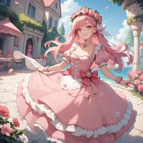 Candy Kingdom ,  inhabitants in the form of different candies,  princess with pink dress ,  pink hair,  pink eyes and flower crown 