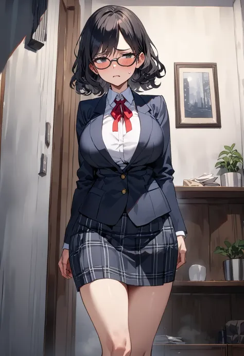 top quality, masterpiece,  High Definition , 8k,  1 girl, Alone,  expressive dark black eyes , mature woman, ((( short wavy hair ))), ((( black hair))),  Big Breasts High School Girl,  white shirt with red ribbon and navy blue plaid miniskirt uniform ,  lo...