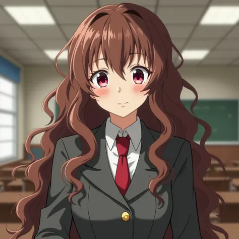  HIGH QUALITY,  8K classroom Screenshot of my hero Academia .  of a woman with intermediate olive skin,  with a pronounced body of long curly brown hair with blonde locks. With deep, semi-torn scarlet eyes, wearing her UA uniform  ( gray coat with red tie ...