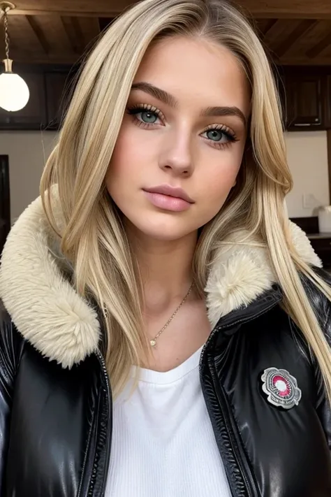 19 year old Hailey Welch, ￼milf, medium view, very fat, face portrait, long blond hair, pale skin skin, abundance of makeup, wearing black moncler leather puffer jacket, chubby, cozy home