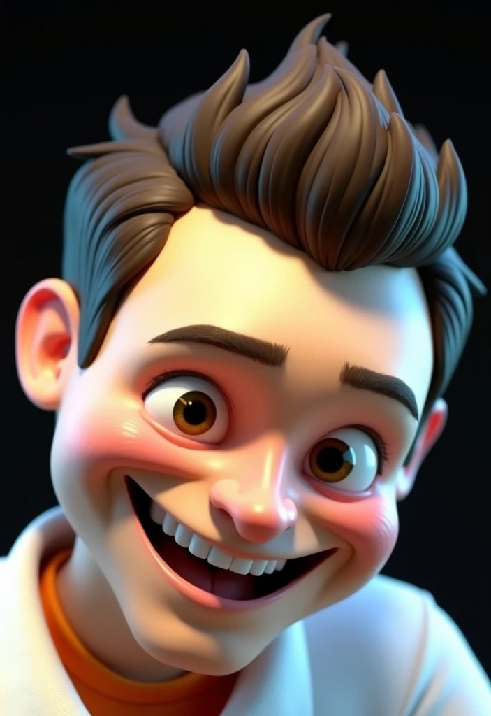 .  Create a Pixar-style 3D character of a 30-year-old man  ,  happy expression ,  as if in a state of excitement or EUPHORIC , chaotic . the man is wearing an orange polo shirt , Nike ,  she has a square face , The chin is well defined , Shes cheeky ,  his...