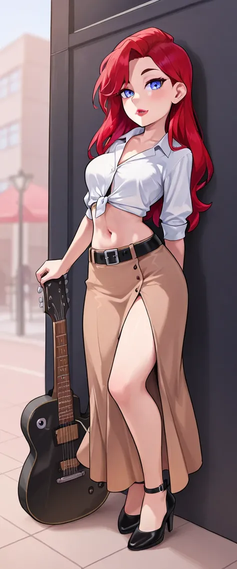 A tall beautiful sexy girl attractive red hair beautiful her blue eye red lip dresses up white shirt tied knot shows navel and a brown skirt black belt long black heel carries a guitar