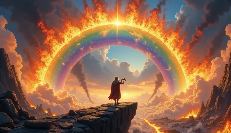 beautiful crystal-clear rainbow color transparent wide arch connecting earth(Midgard,the world of human) and floating sky-land(Asgard,heaven,) .solo.1God of Norse mythology(Heimdall(God,man, golden teeth,white skin,) standing on the rainbow and blowing hun...