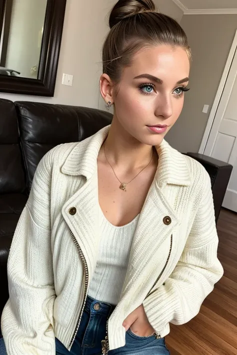 Medium view, 19 year old Hailey Welch, ￼milf, medium view, face portrait, hair in tight bun, pale skin skin, abundance of makeup, wearing leather jacket over sweater, cozy home