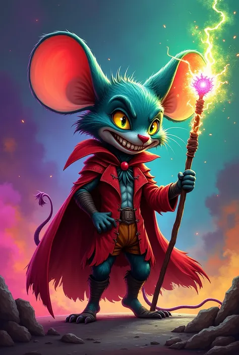 Heres a prompt you can use:

"A colorful, cartoon-style villain resembling a mischievous anthropomorphic mouse with large, exaggerated ears, sharp teeth, and a menacing grin. The character wears a torn red outfit with dark, sinister accents, glowing green ...