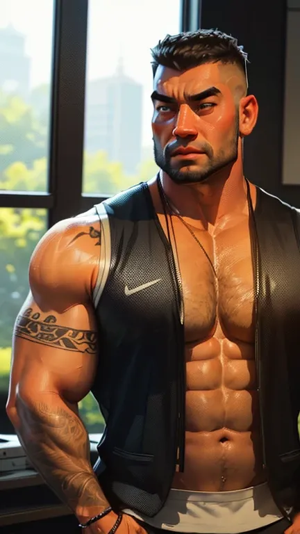 an exaggeratedly muscular, tall and large bald bodyguard, beefy build, mandala tattooes on upper arms, asian mixed race, (wearing sleeveless casual vest: 1.2), (bara pecs: 1.3), (arm and chest hair: 1.3), full body portrait HD, bright corporate office with...