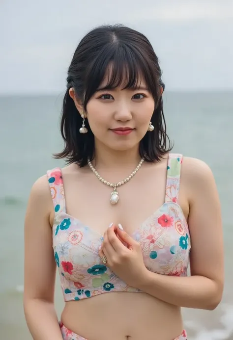 ( top quality 、 High Definition 、masterpiece:1.3)、Tall and pretty woman、 big, plump breasts 、Wavy dark brown hair 、 exposed behind hands、 Pearl Earrings 、 necklace、 floral micro bikini、(  background coast  :1.8)、 wearing detailed body jewelry accurately de...