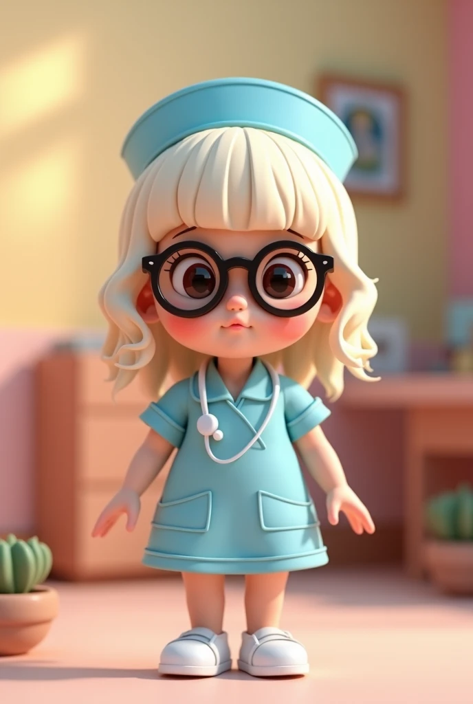 White blonde doll without bangs , chubby,  light blue nurse without apron ,  white shoe wearing black glasses Disney pick 3d
