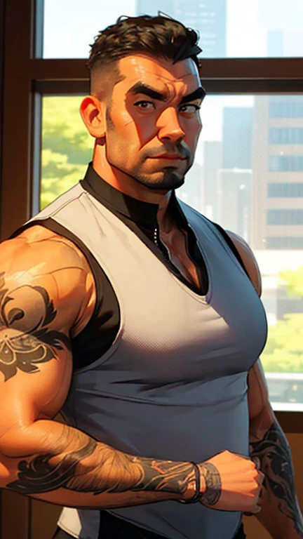 an exaggeratedly muscular, tall and large bald bodyguard, beefy build, mandala tattooes on upper arms, asian mixed race, (wearing sleeveless casual vest: 1.2), (bara pecs: 1.3), (arm and chest hair: 1.3), full body portrait HD, bright corporate office with...