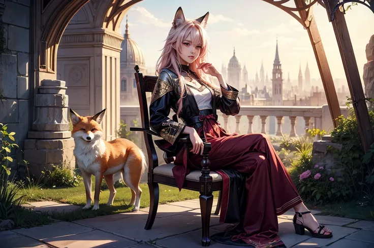 There is a cute fox girl with small ceast sitting on the gorgeous chair, there is neon pink heart and "I love you"  singh above her. (ultra high quality fantasy art, realistic fantasy style, masterpiece, ultra high quality character design, 8k quality anim...