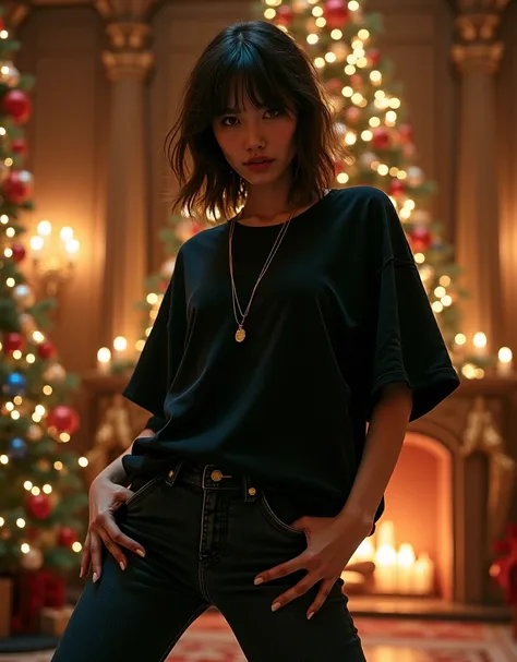 gorgeous woman in a black oversized t-shirt in an extreme pose on a full-length Christmas background