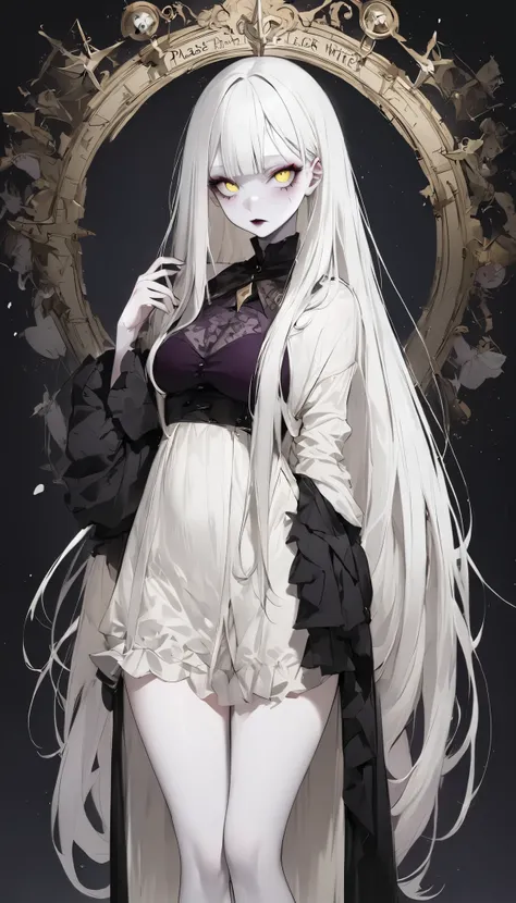 white skin and reflective eyes,  Albino Mysterious Figure , Long white hair,  very long straight hair, Short bangs, Albino white skin, Pale yellow eyes, Please wear clothes, White Witch,  lots of merlot , Pale Goth Beauty, Pale face,  Bust Size 36DD inch ,...