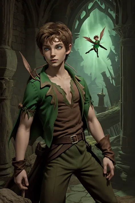 the fable eternal boy ((Peter Pan)), Gothic neverland backdrop, Peter Pan character in green and brown neverland inspired attire. Peter Pan has short brown mangy hair, animal skin clothing, tattered short shoulder cape, Peter Pan has a female pixie floatin...