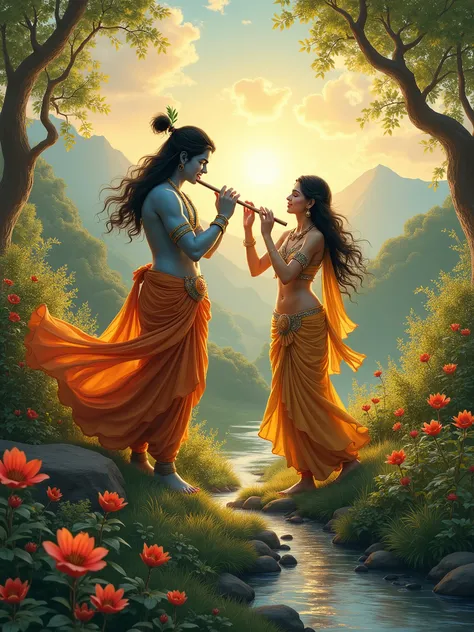 "Create a serene and captivating image of Radha and Krishna in a lush garden, surrounded by blooming flowers, flowing rivers, and soft golden light. Radha is gracefully playing the flute, while Krishna gazes lovingly at her. The scene is filled with divine...