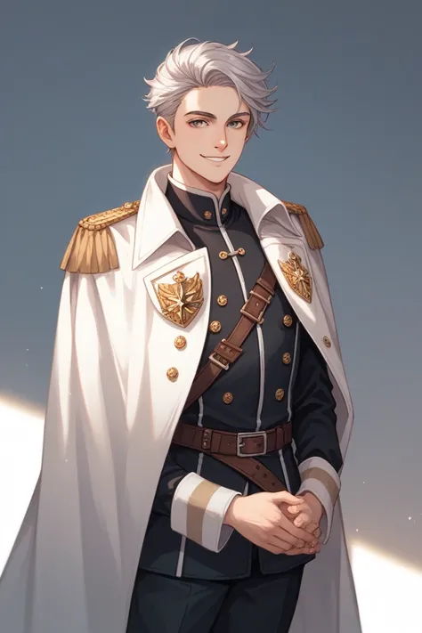 top-quality.
White background.
1 male.
Silver very short hair, Asymmetrical hairstyle, Forehead.
Epaulets.
Medieval European style aristocrat.
Little smile.
Dark whites of the eyes, Standing, Composition from the waist up, White long coat, White sleeves, B...