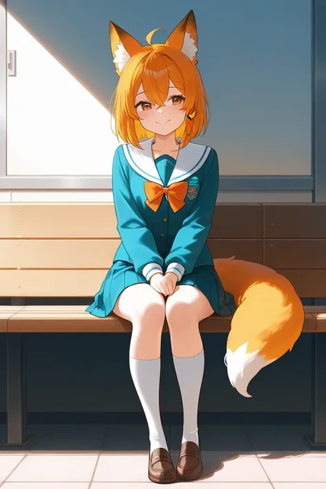 fox girl, anime, smile, sit, full body, school uniform,  the girl is a plush made of polyester