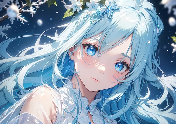 A girl with sky blue hair in loose waves, her large eyes glowing in shades of green and blue. She’s dressed in a frosted white gown with delicate lace and pearl embellishments. Her background features a snowy Christmas cake world, complete with soft snowfl...