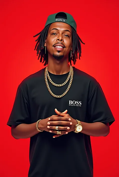 A young, tanned man, probably in his late teens or early twenties, is the central figure. He has dreadlocks and is wearing a backwards Hugo Boss cap. He is wearing a black shirt with a Hugo Boss logo and two gold chains around his neck. He is wearing a wat...