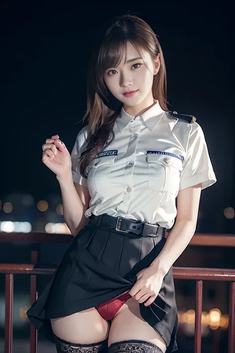   Innocent 20 Year Old Girl  、((Japanese police officer, sexy cop uniform ,  skirt,  cute and elegant,   Dramatic Poses)),smile,Night view background, shortcuts、 RAW photo, (8k、 top quality 、​masterpiece:1.2)、(  intricate details :1.4)、(  Photorealistic :1...