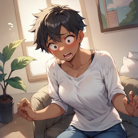 dark. apartment living room. a tomboy has dark skin, black eyes, and black hair. she has a white tshirt blue jeans on. she looks shocked and blushing.