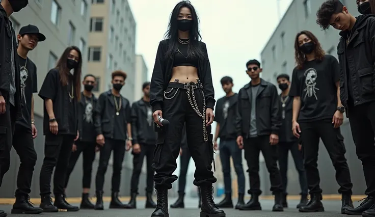 A korean citizen girl with a black outfit cargo pants with chains, crop, boots, mask, and a mic in her hand, and with many cool and badass people in black like gang given her crown each